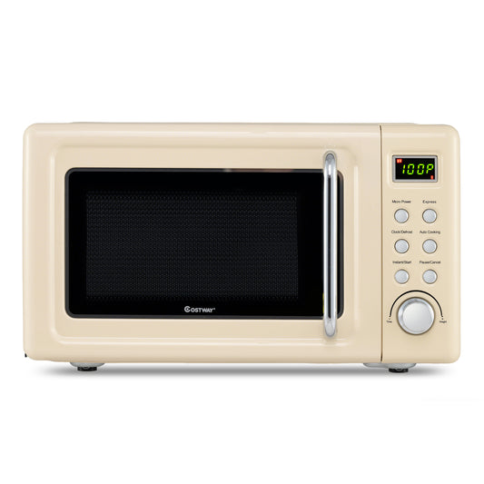700W Retro Countertop Microwave Oven with 5 Micro Power and Auto Cooking Function, Cream White