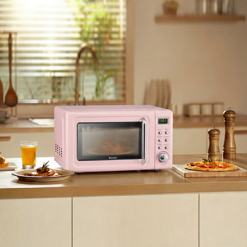 700W Retro Countertop Microwave Oven with 5 Micro Power and Auto Cooking Function, Pink