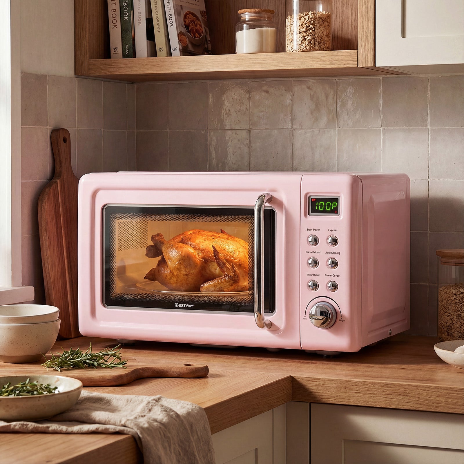 700W Retro Countertop Microwave Oven with 5 Micro Power and Auto Cooking Function, Pink Toaster Ovens at Gallery Canada