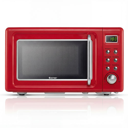 700W Retro Countertop Microwave Oven with 5 Micro Power and Auto Cooking Function-Light Red, Black & Red