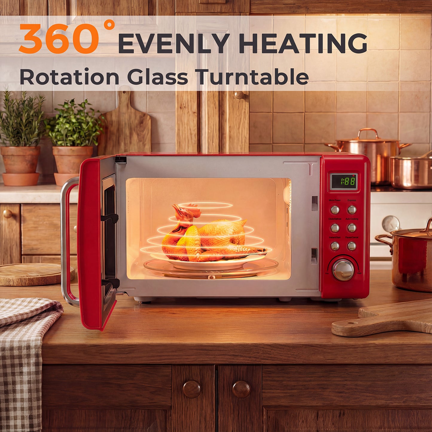 700W Retro Countertop Microwave Oven with 5 Micro Power and Auto Cooking Function-Light Red, Black & Red Toaster Ovens at Gallery Canada