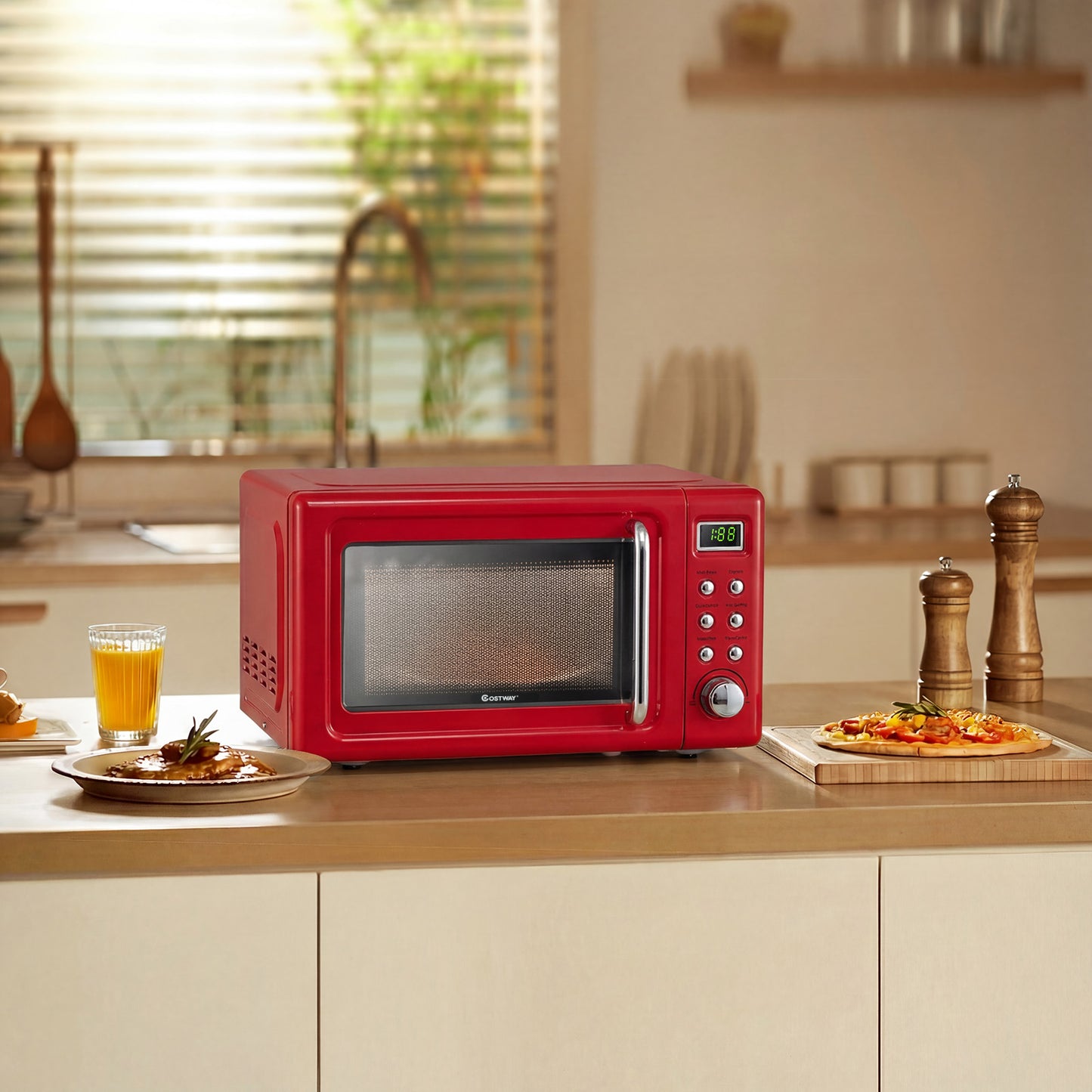 700W Retro Countertop Microwave Oven with 5 Micro Power and Auto Cooking Function-Light Red, Black & Red Toaster Ovens at Gallery Canada
