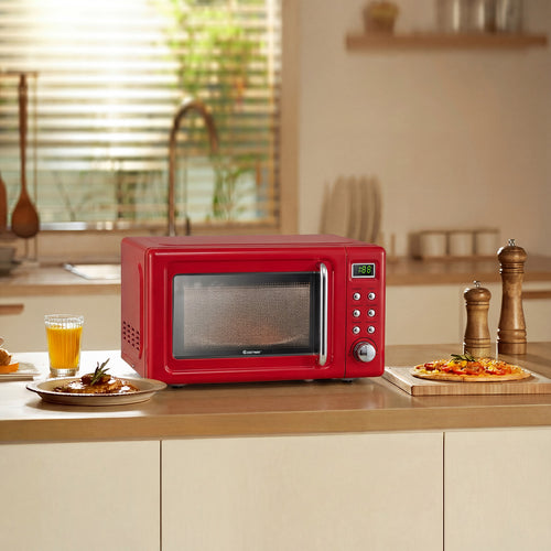 700W Retro Countertop Microwave Oven with 5 Micro Power and Auto Cooking Function-Light Red, Black & Red