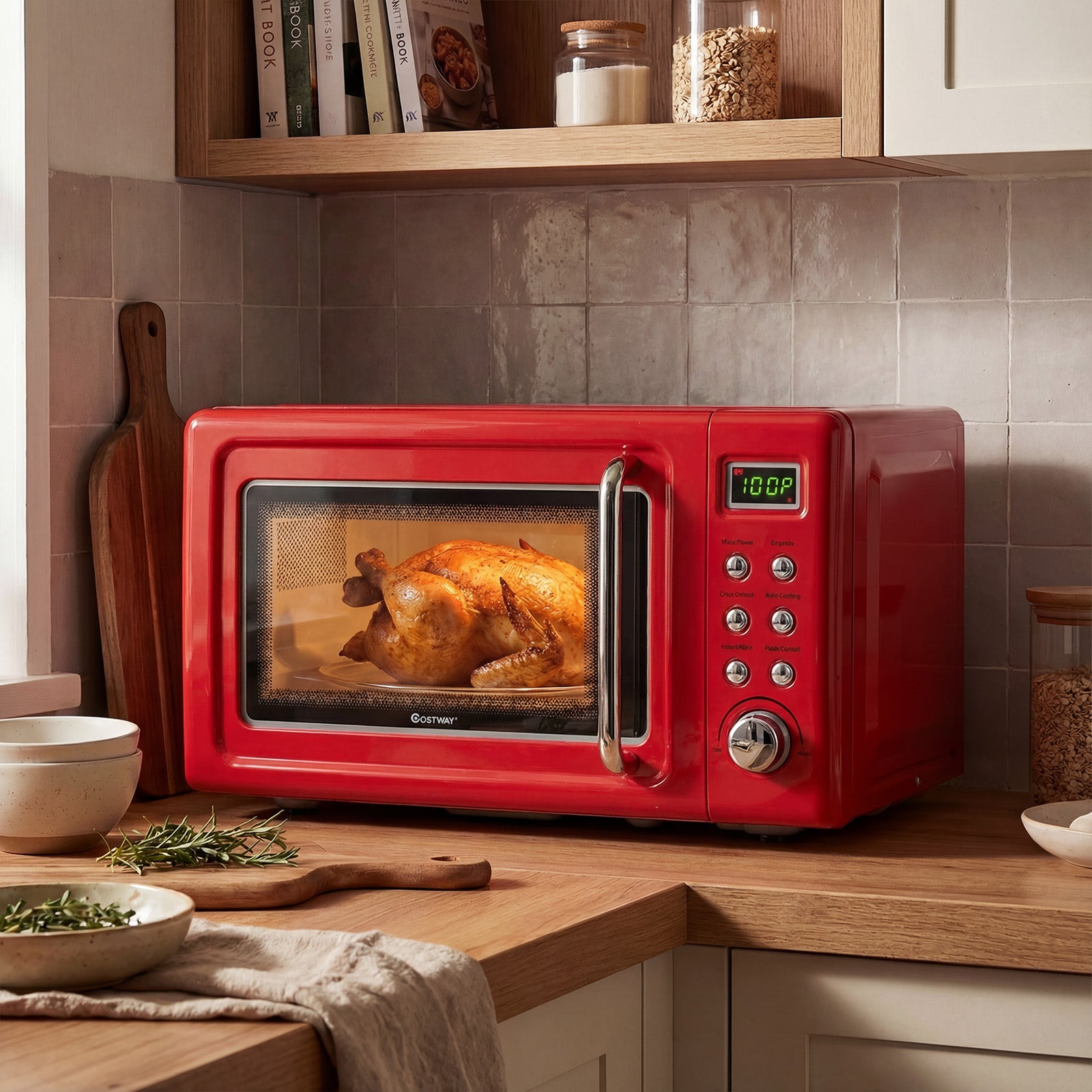 700W Retro Countertop Microwave Oven with 5 Micro Power and Auto Cooking Function-Light Red, Black & Red Toaster Ovens at Gallery Canada
