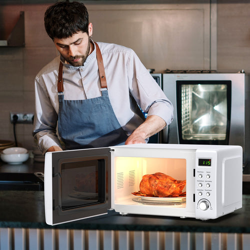 700W Retro Countertop Microwave Oven, 5 Micro Power, Auto Cooking, White