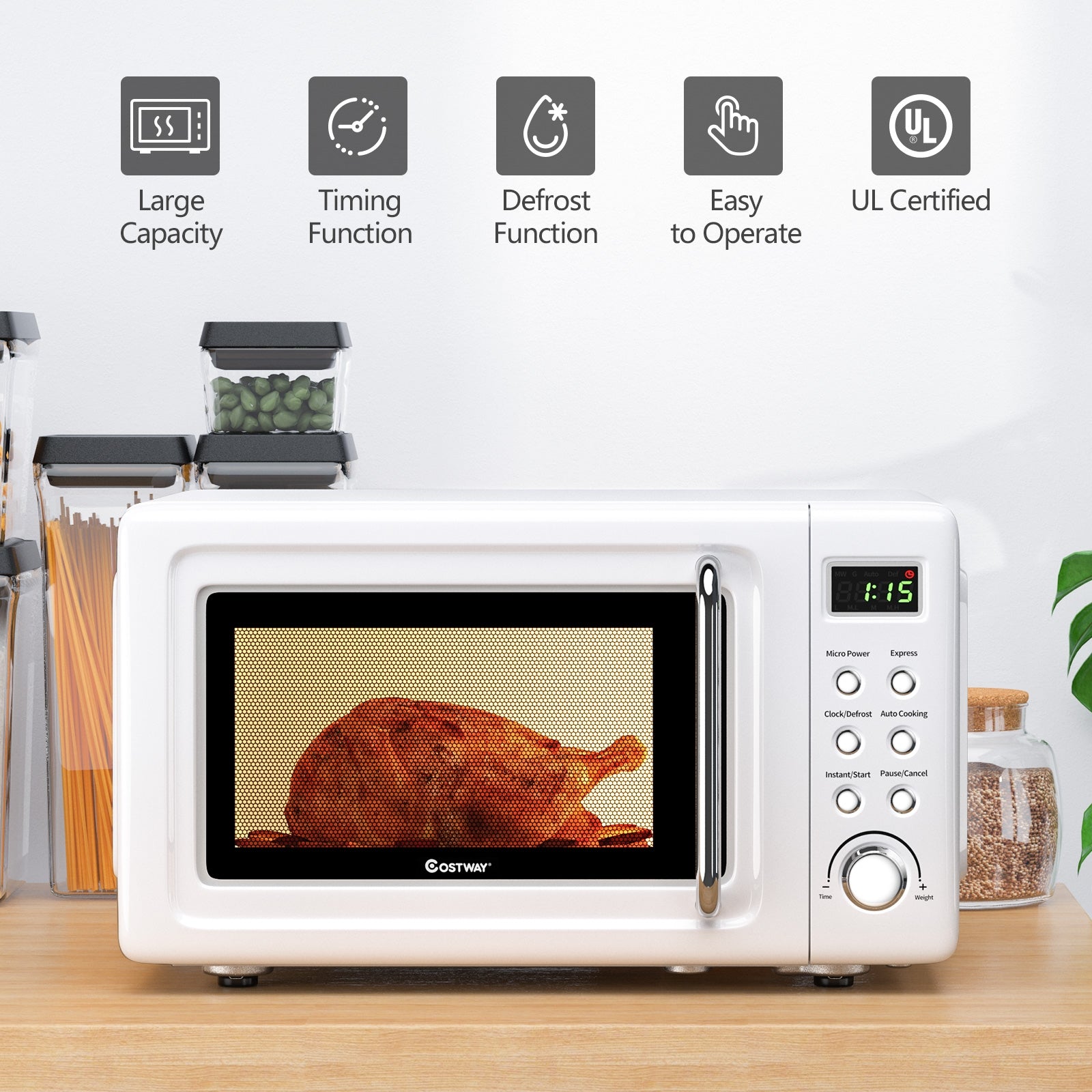 700W Retro Countertop Microwave Oven, 5 Micro Power, Auto Cooking, White Toaster Ovens at Gallery Canada