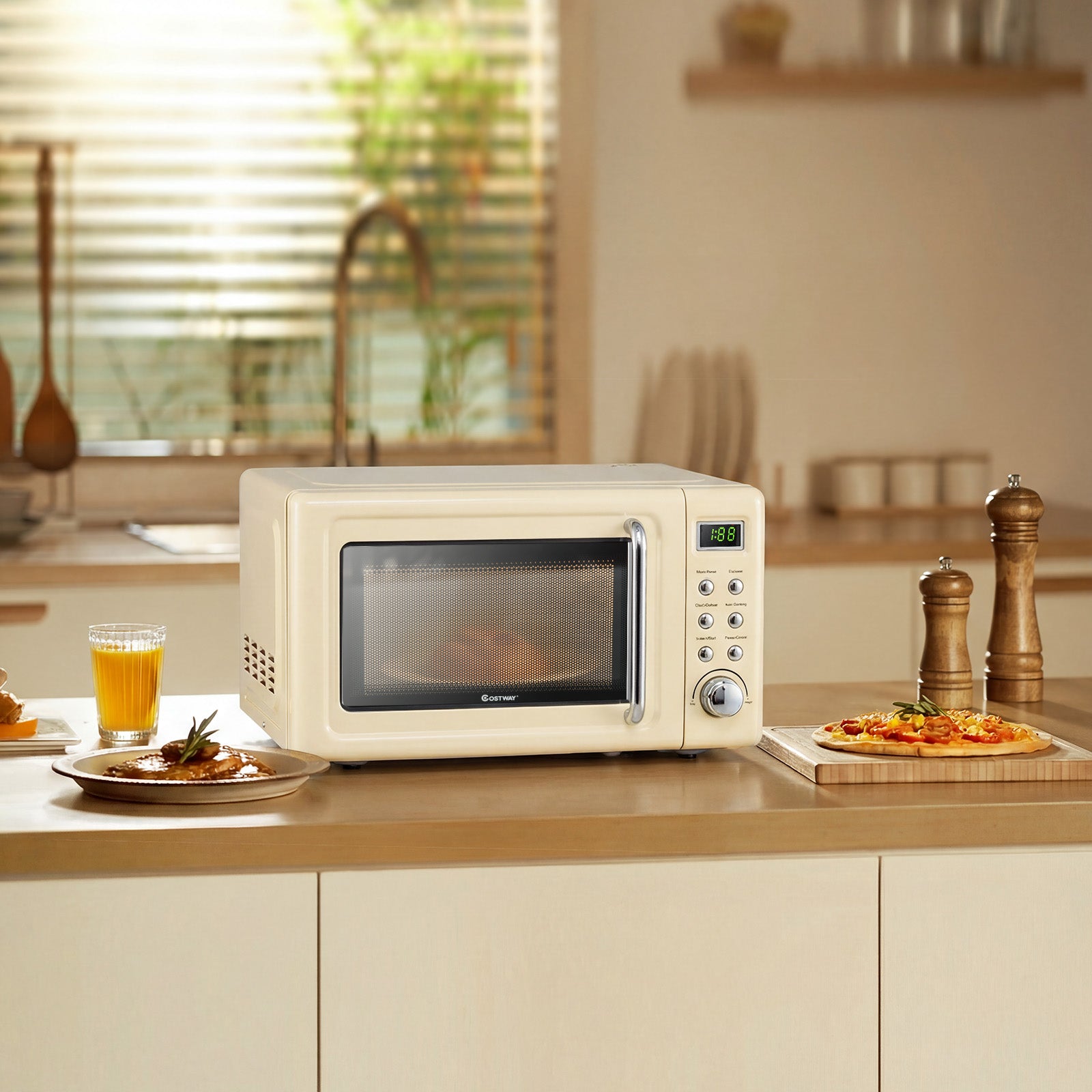 700W Retro Countertop Microwave Oven with 5 Micro Power and Auto Cooking Function, Cream White Toaster Ovens at Gallery Canada