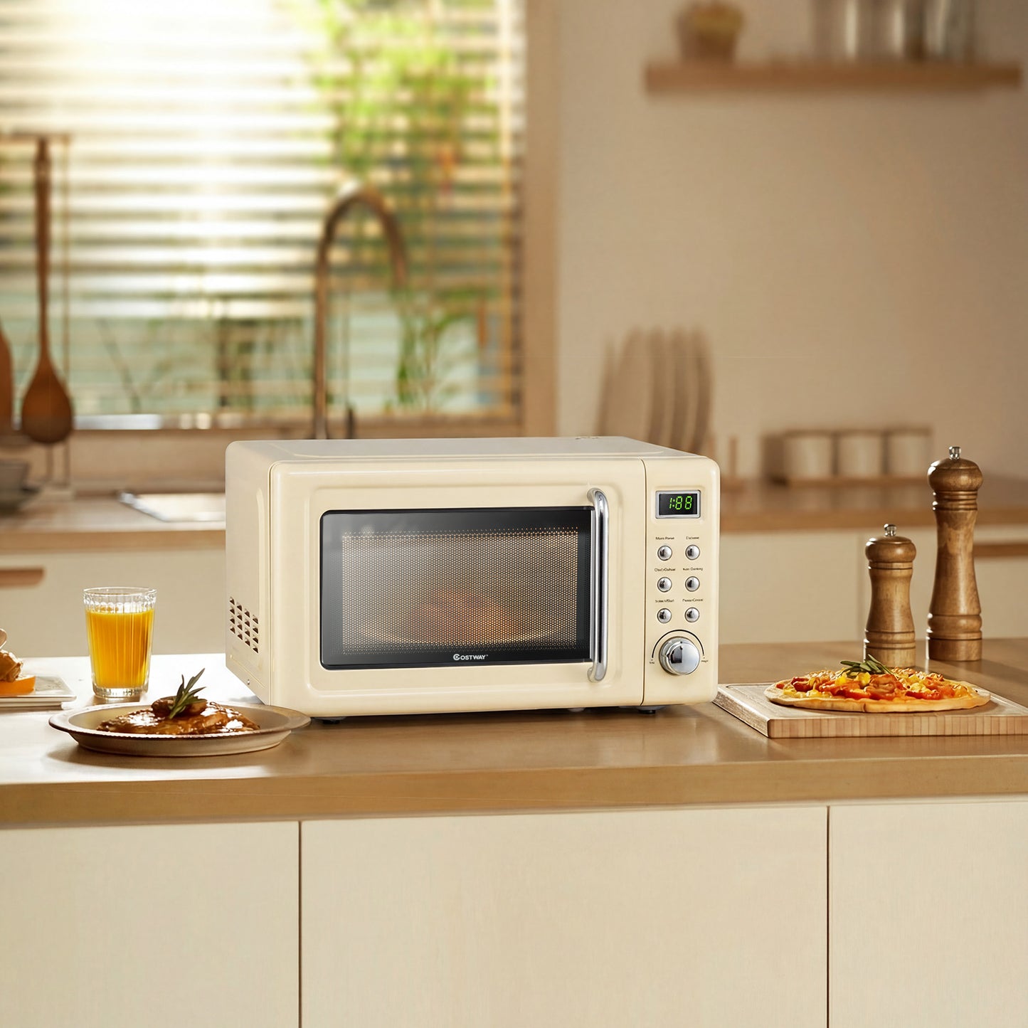 700W Retro Countertop Microwave Oven with 5 Micro Power and Auto Cooking Function, Cream White Toaster Ovens at Gallery Canada