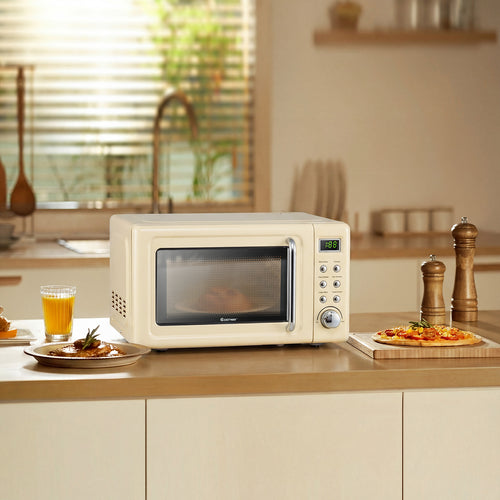 700W Retro Countertop Microwave Oven with 5 Micro Power and Auto Cooking Function, Cream White