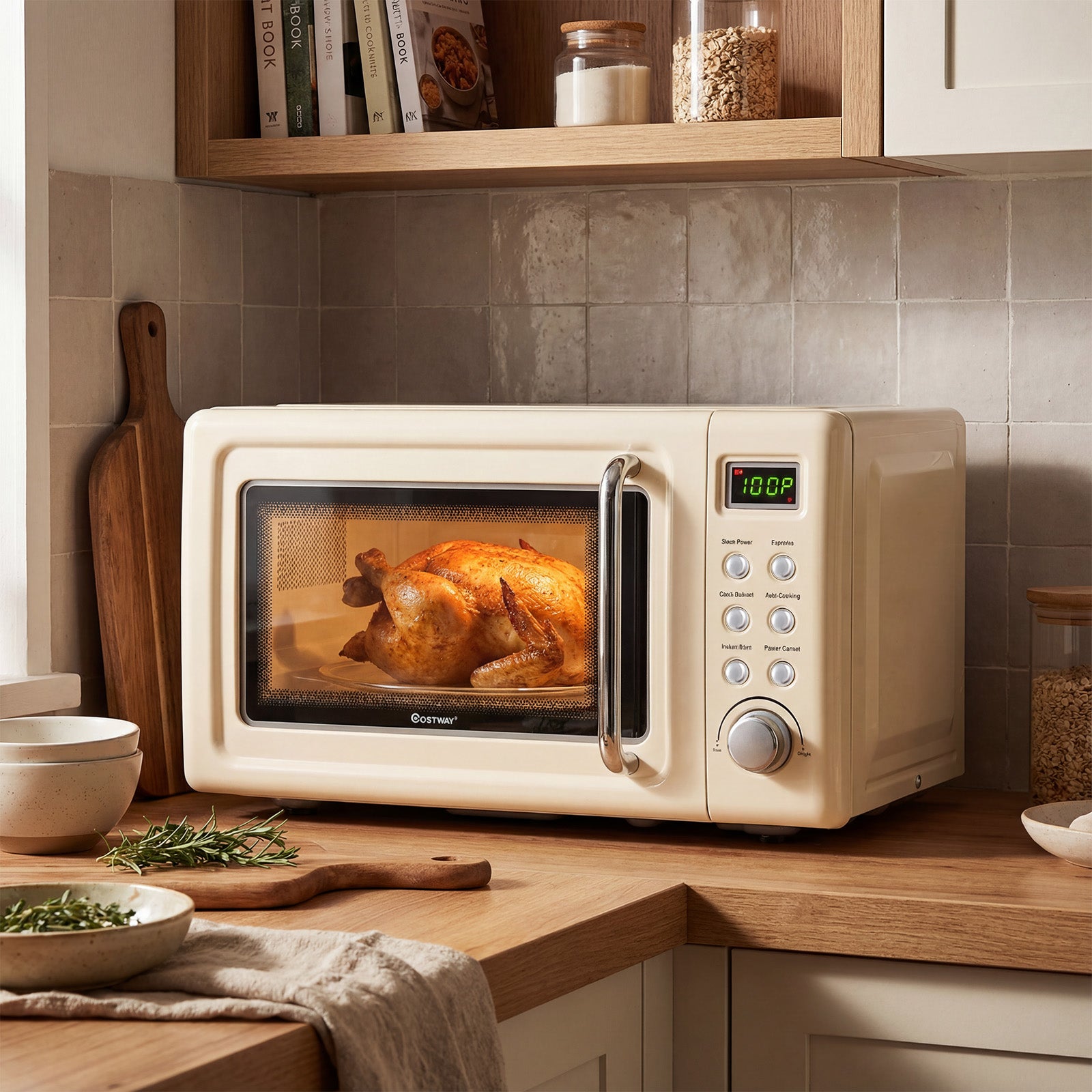 700W Retro Countertop Microwave Oven with 5 Micro Power and Auto Cooking Function, Cream White Toaster Ovens at Gallery Canada