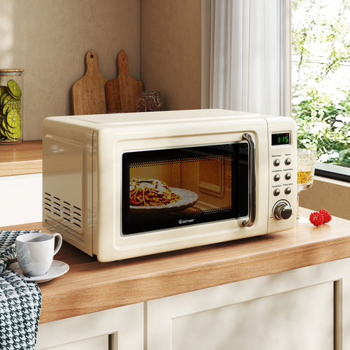 700W Retro Countertop Microwave Oven with 5 Micro Power and Auto Cooking Function, Cream White