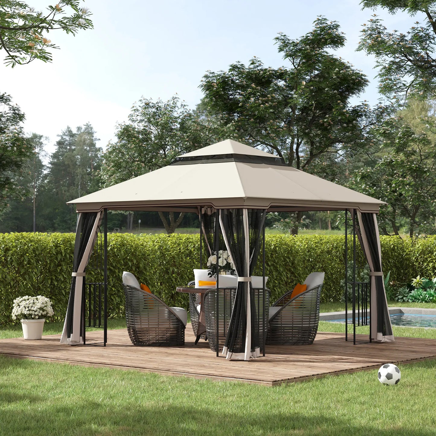 10'x10' Soft-Top Gazebo, Double Tier Roof, Mesh Curtains, Beige Gazebos at Gallery Canada