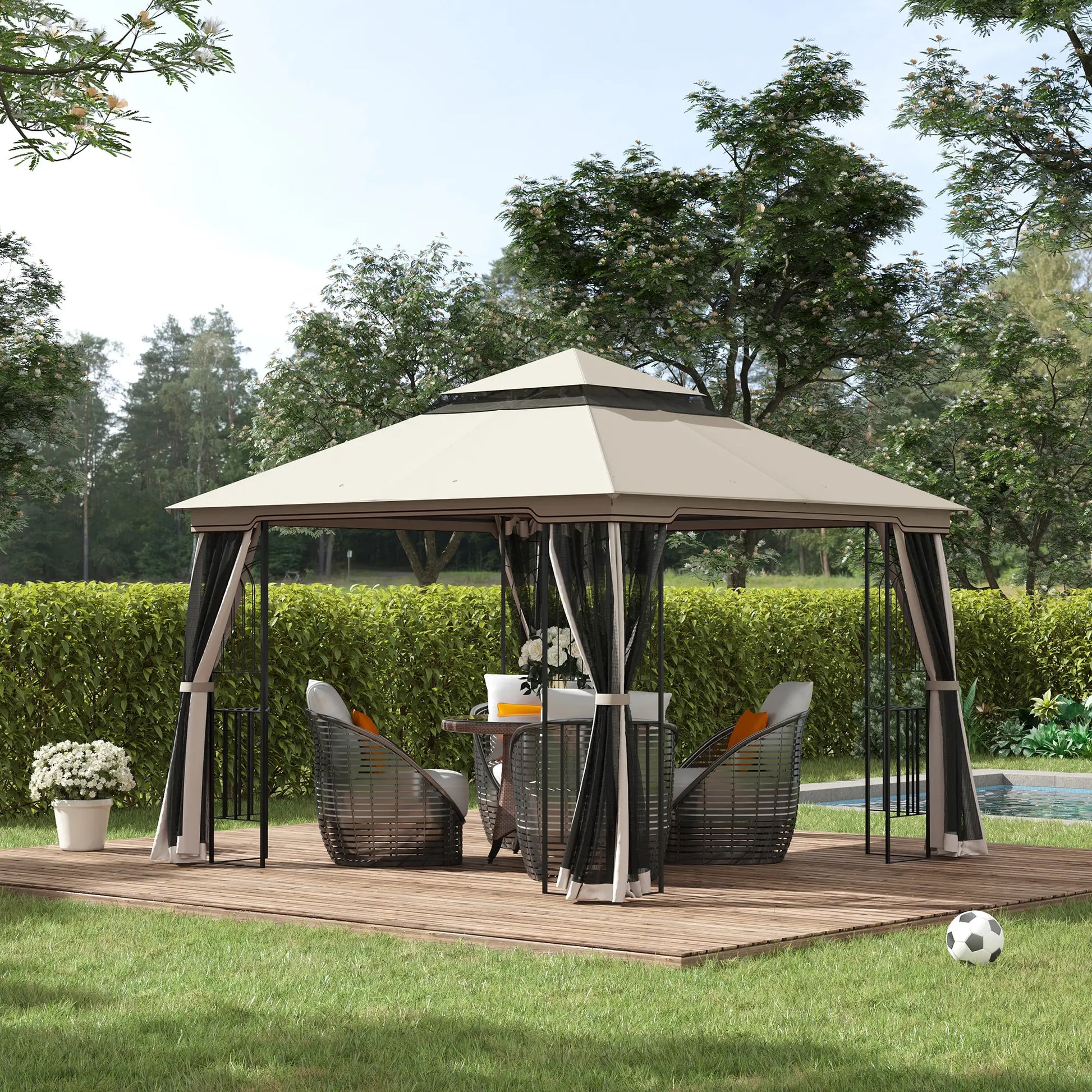 10'x10' Soft-Top Gazebo, Double Tier Roof, Mesh Curtains, Beige Gazebos at Gallery Canada