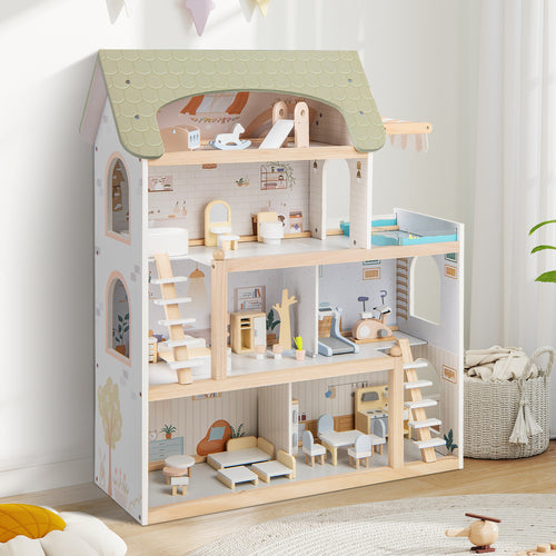 Wooden Dollhouse With 33 PCS Furniture, Green