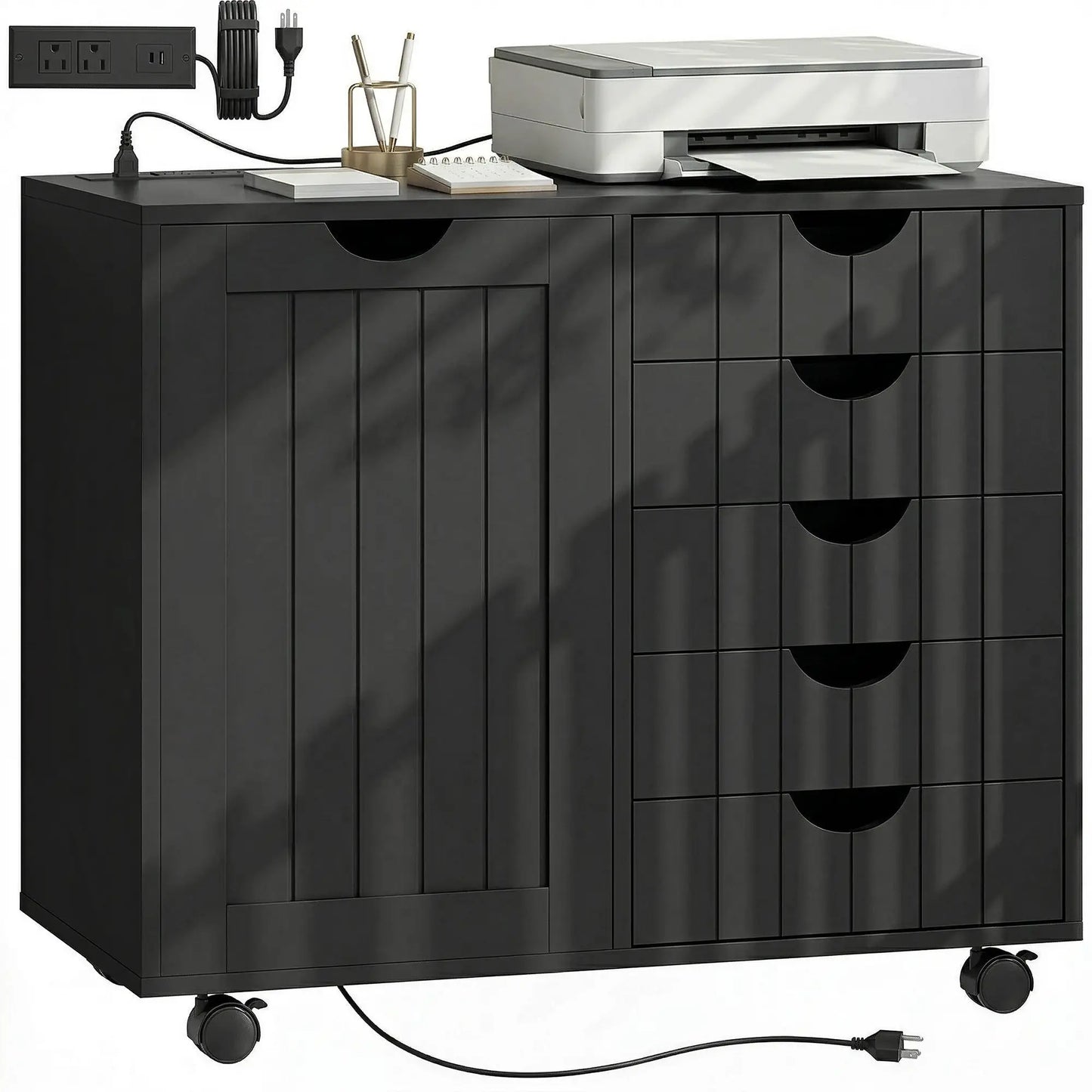 Mobile Lateral Filing Cabinet with 5 Drawers, Printer Stand, Black Office Cabinets & Cupboards at Gallery Canada