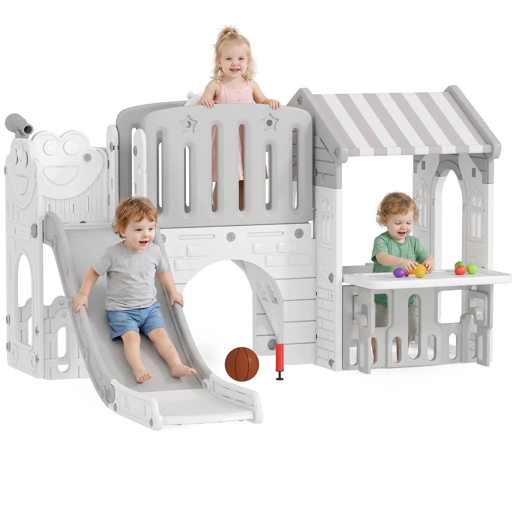 7-in-1 Toddler Slide Climber Playset with Playhouse, Basketball Hoop, Grey Gym Sets & Swings at Gallery Canada