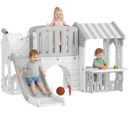 7-in-1 Toddler Slide Climber Playset with Playhouse, Basketball Hoop, Grey Gym Sets & Swings at Gallery Canada