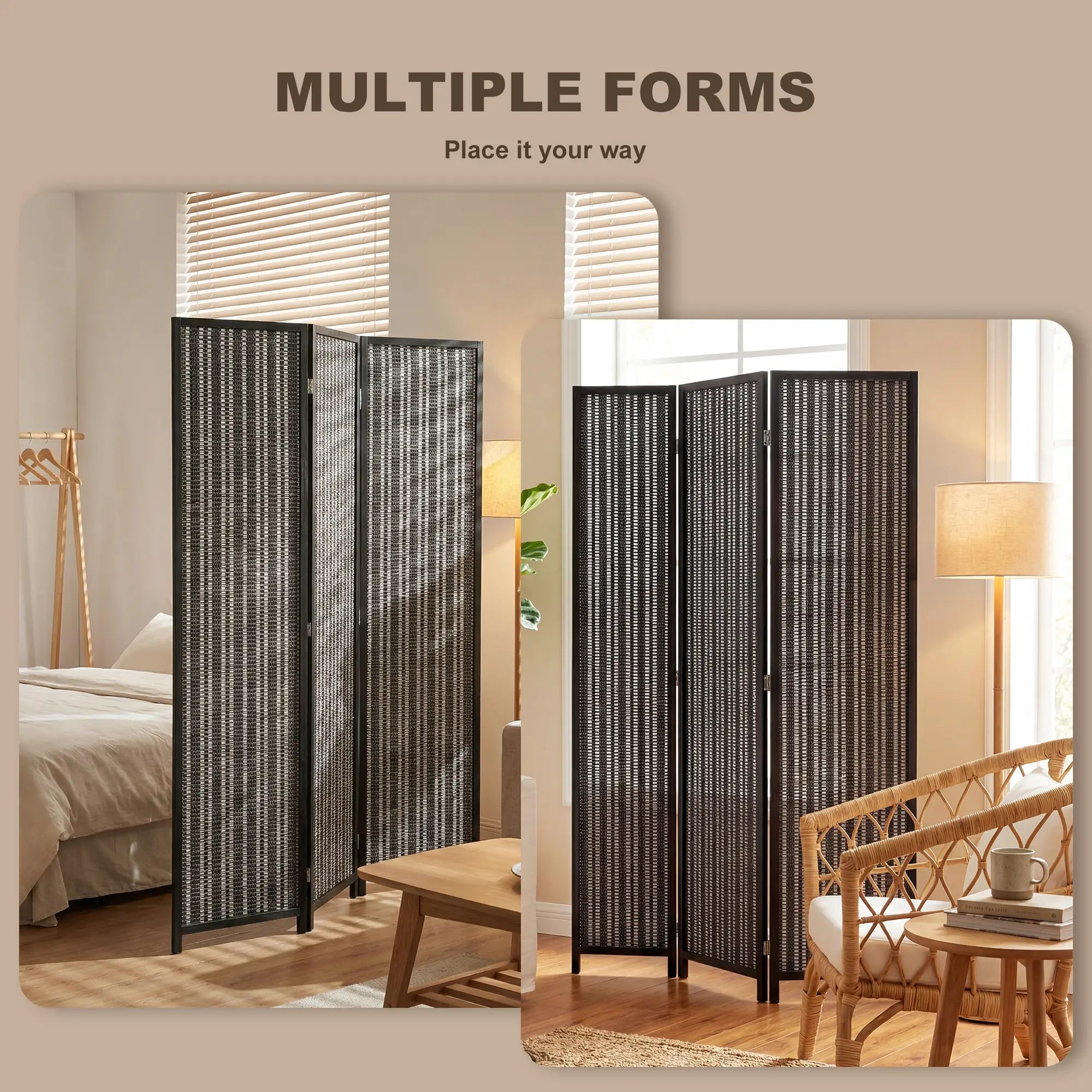 3 Panel Folding Privacy Screen, Handwoven Bamboo Pine Wood Frame, Black Room Dividers at Gallery Canada