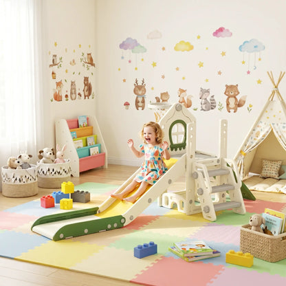 Foldable 4 in 1 Toddler Slide with Climber, Basketball Hoop, Storage Space and Basketball for Ages 1-3 Years, Cream Gym Sets & Swings at Gallery Canada