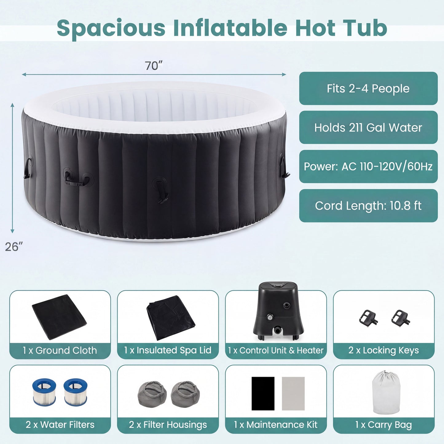 70/80 Inches Round SPA Pool Hottub with 110/130 Air Jets Electric Heater Pump-S, Black Swimming Pools at Gallery Canada