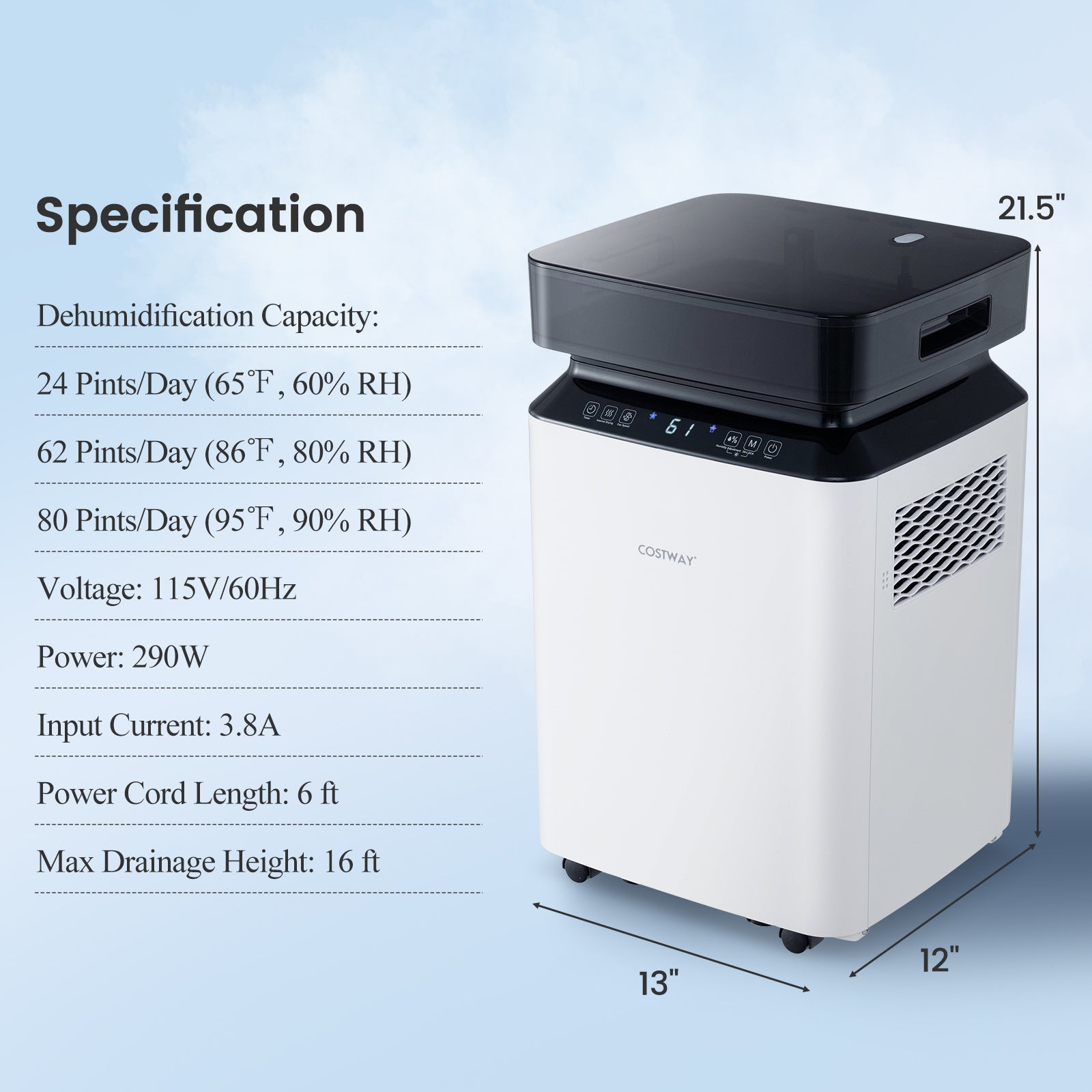 70/90 Pint Dehumidifier, 4500/6000 Sq. Ft, Continuous Auto Mode, White Dehumidifiers at Gallery Canada