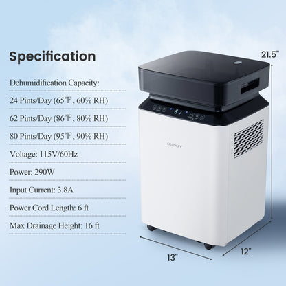70/90 Pint Dehumidifier, 4500/6000 Sq. Ft, Continuous Auto Mode, White Dehumidifiers at Gallery Canada