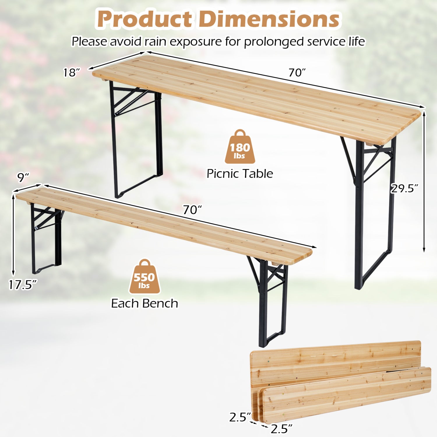 70 Inch 3-Piece Folding Picnic Table with Benches for 6 Fir Wood Portable Bear Camping Table, Black Picnic Tables at Gallery Canada