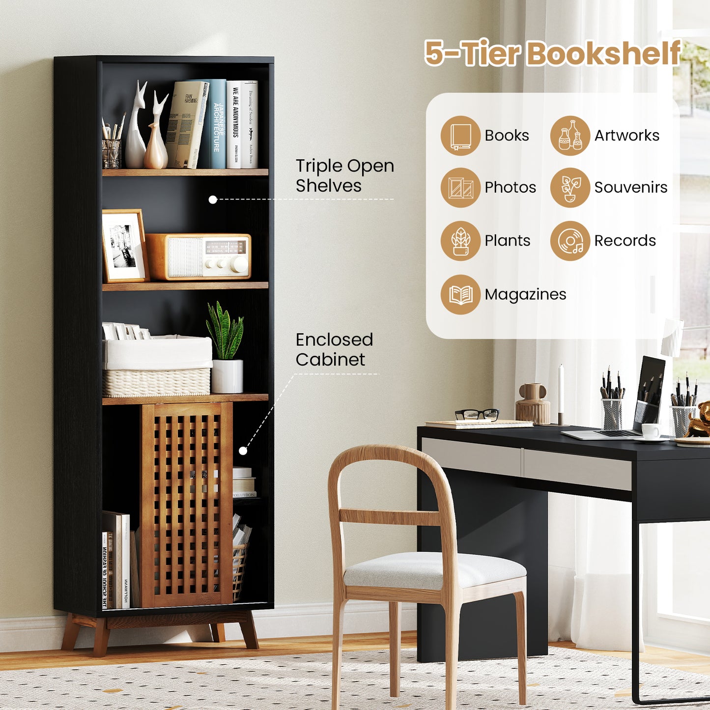 70 Inch 5-Tier Bookshelf with Reversible Adjustable Shelf, Black Bookcases at Gallery Canada