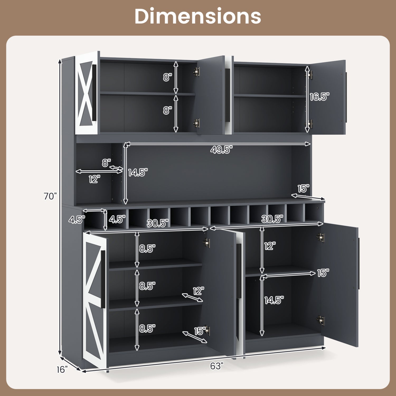 70 Inch Farmhouse Pantry Cabinet Kitchen Buffet Hutch with 4 Cabinets and 2 Open Shelves, Dark Gray Sideboards Cabinets & Buffets at Gallery Canada