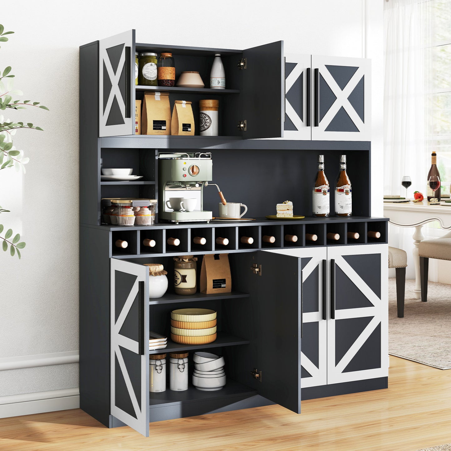 70 Inch Farmhouse Pantry Cabinet Kitchen Buffet Hutch with 4 Cabinets and 2 Open Shelves, Dark Gray Sideboards Cabinets & Buffets at Gallery Canada
