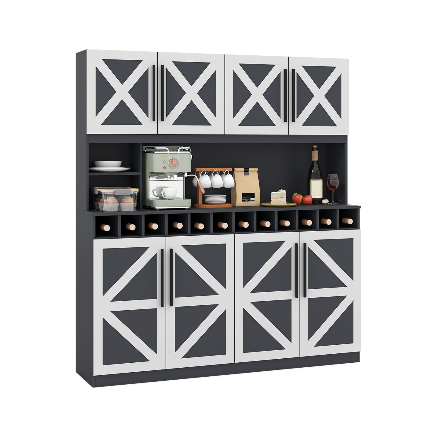 70 Inch Farmhouse Pantry Cabinet Kitchen Buffet Hutch with 4 Cabinets and 2 Open Shelves, Dark Gray Sideboards Cabinets & Buffets at Gallery Canada
