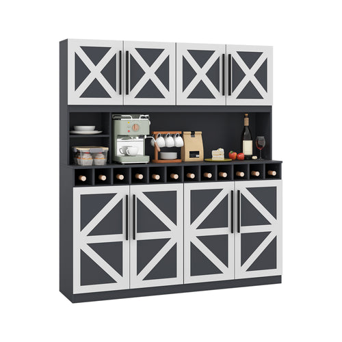 70 Inch Farmhouse Pantry Cabinet Kitchen Buffet Hutch with 4 Cabinets and 2 Open Shelves, Dark Gray