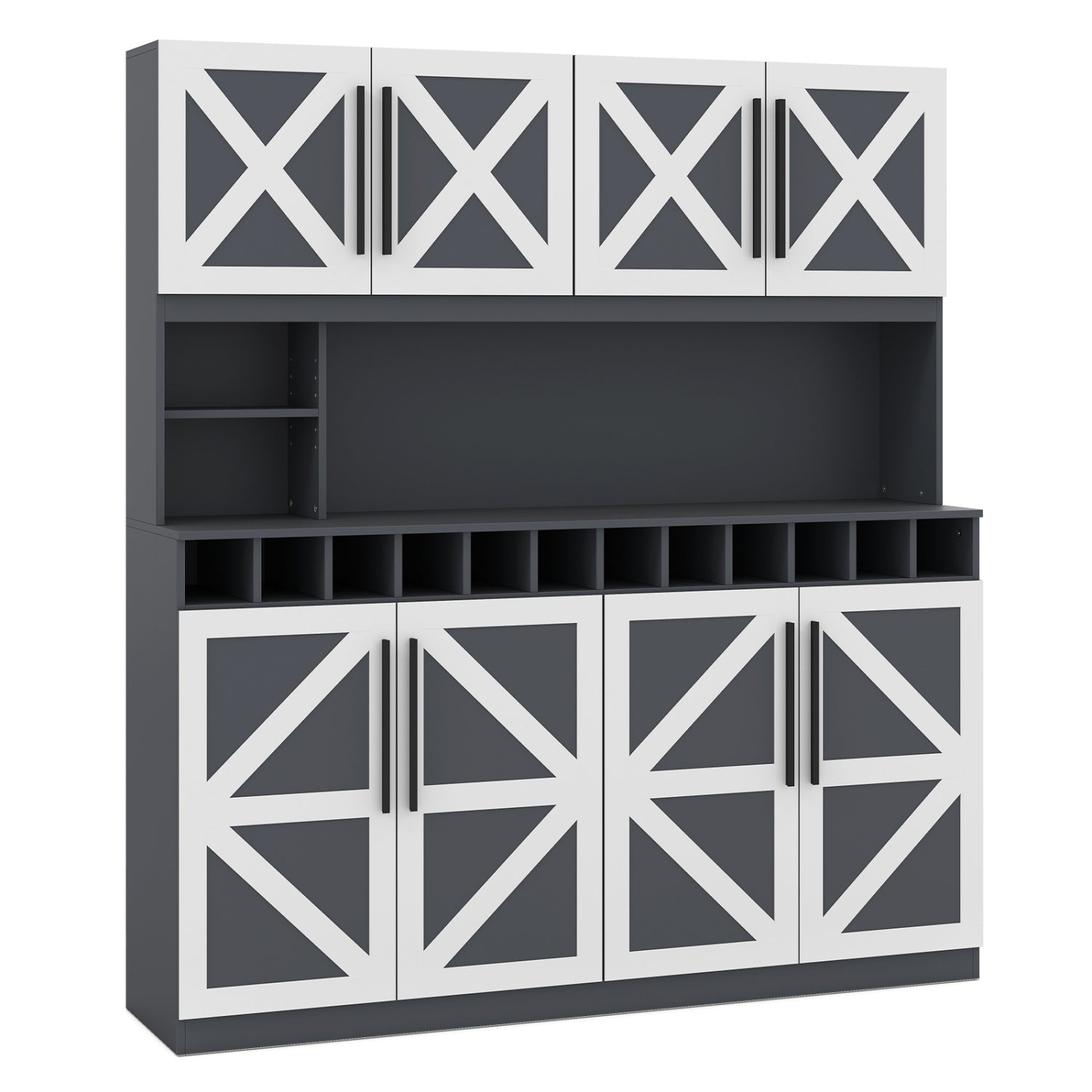 70 Inch Farmhouse Pantry Cabinet Kitchen Buffet Hutch with 4 Cabinets and 2 Open Shelves, Dark Gray Sideboards Cabinets & Buffets at Gallery Canada