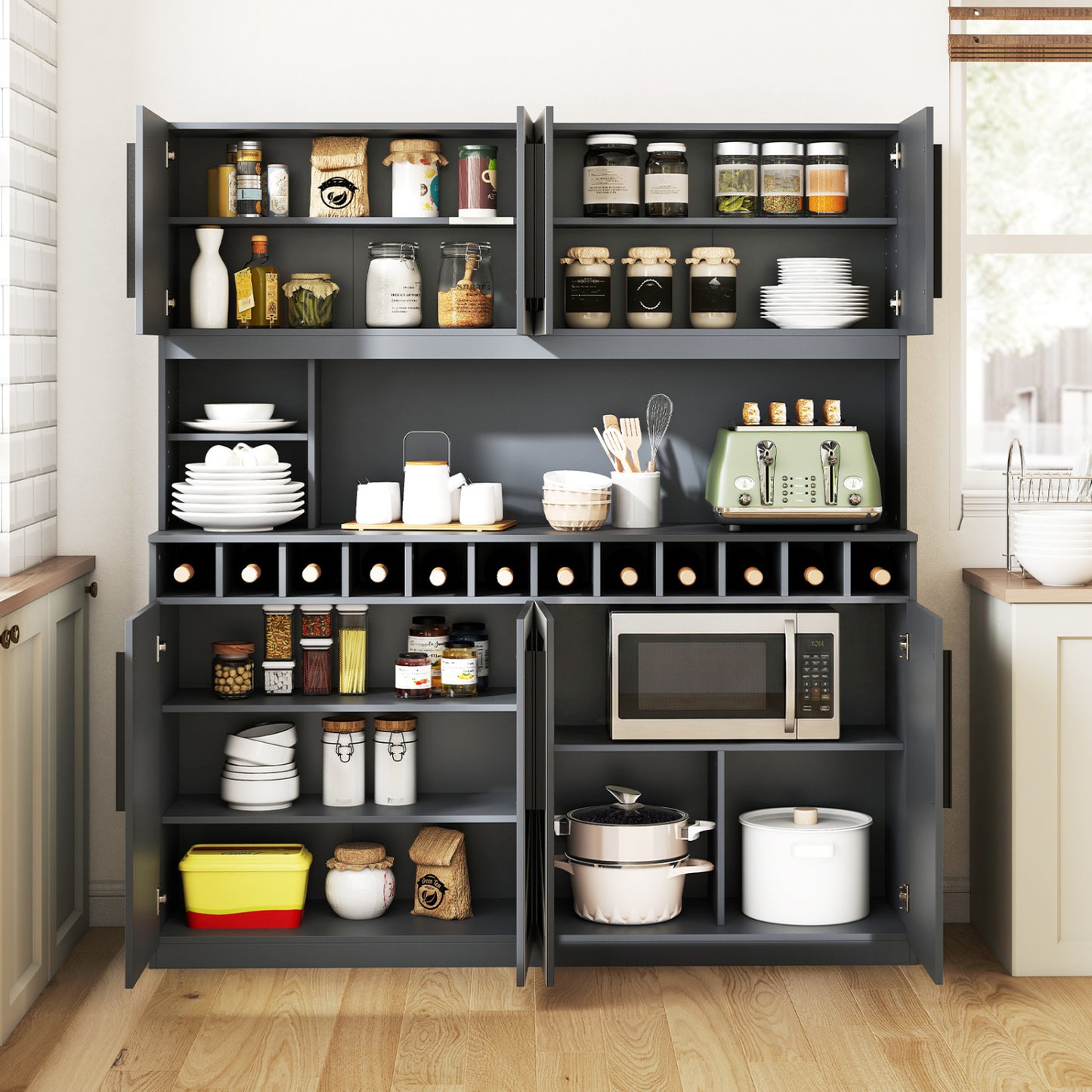 70 Inch Farmhouse Pantry Cabinet Kitchen Buffet Hutch with 4 Cabinets and 2 Open Shelves, Dark Gray Sideboards Cabinets & Buffets at Gallery Canada