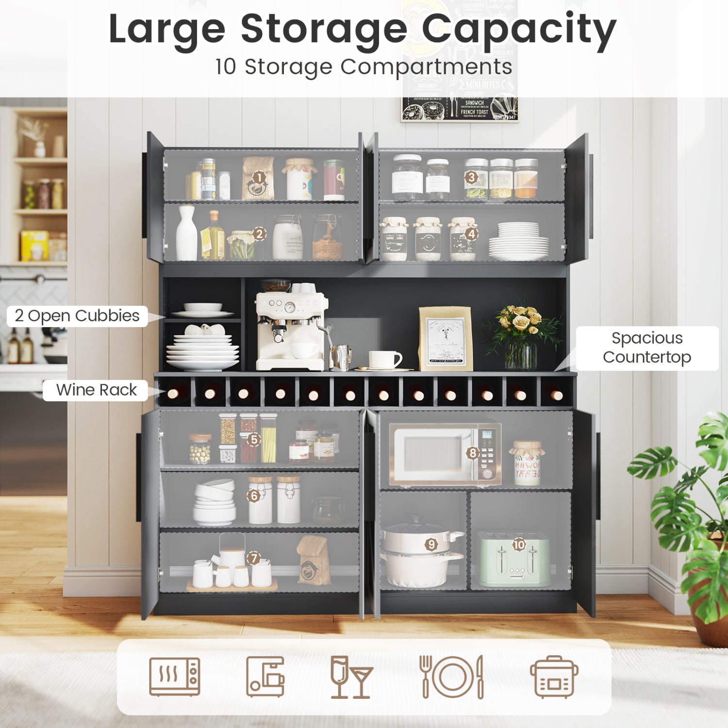 70 Inch Farmhouse Pantry Cabinet Kitchen Buffet Hutch with 4 Cabinets and 2 Open Shelves, Dark Gray Sideboards Cabinets & Buffets at Gallery Canada
