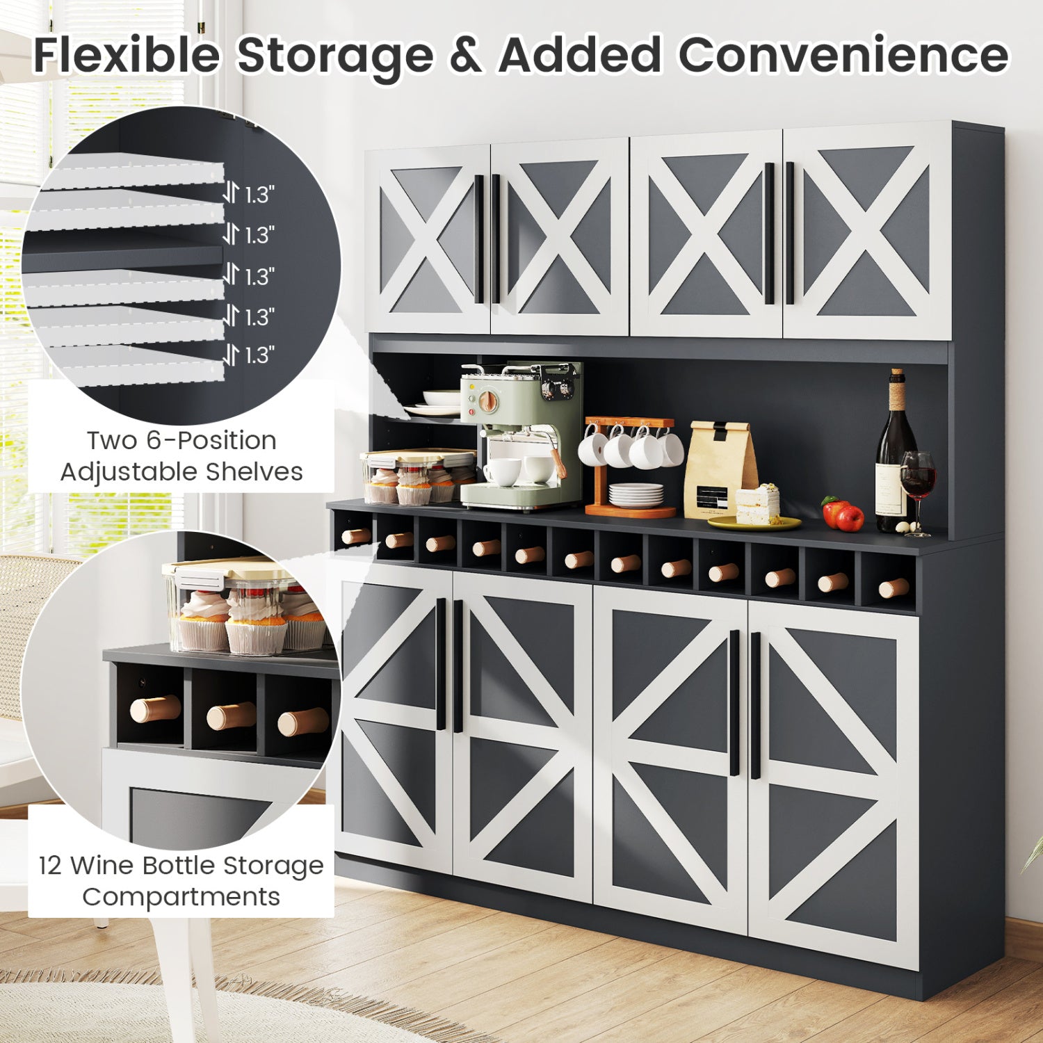 70 Inch Farmhouse Pantry Cabinet Kitchen Buffet Hutch with 4 Cabinets and 2 Open Shelves, Dark Gray Sideboards Cabinets & Buffets at Gallery Canada