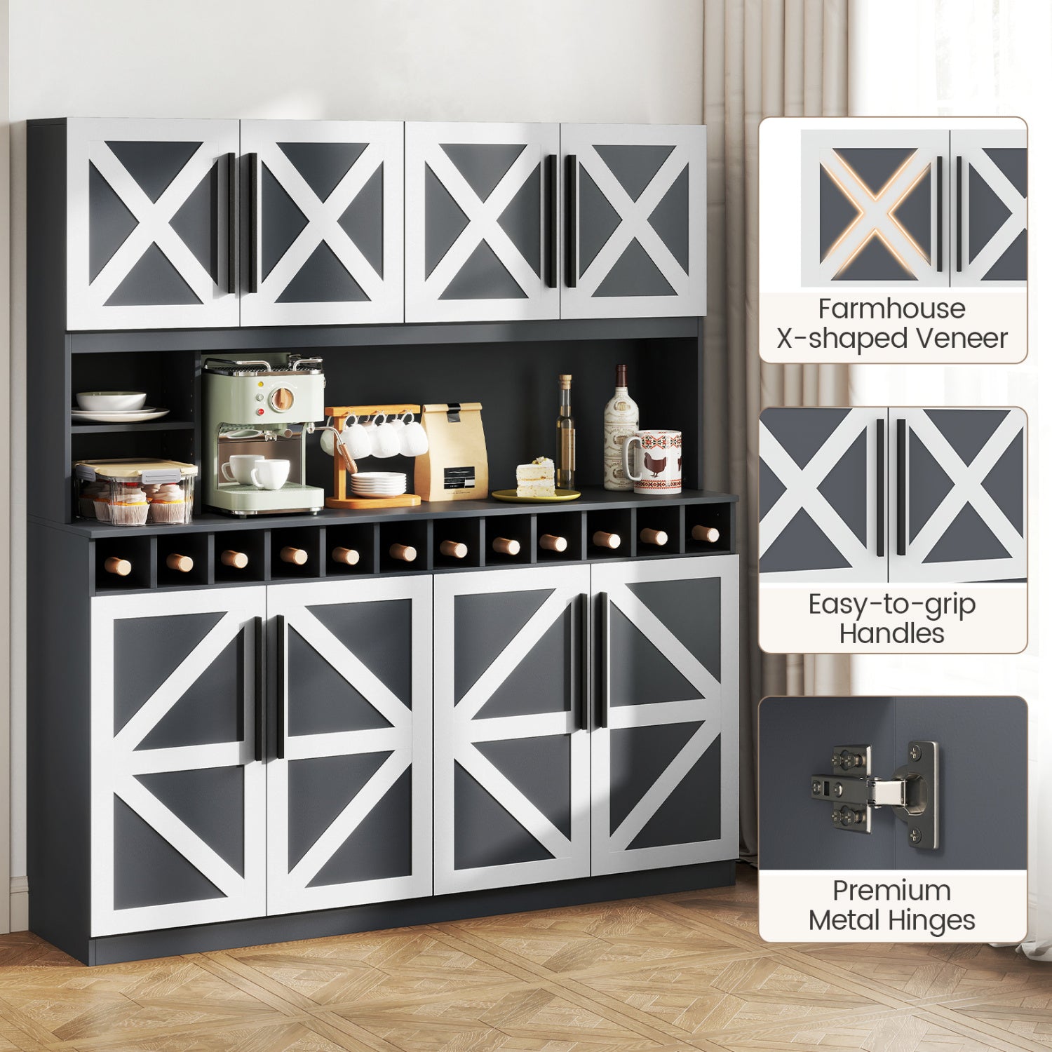 70 Inch Farmhouse Pantry Cabinet Kitchen Buffet Hutch with 4 Cabinets and 2 Open Shelves, Dark Gray Sideboards Cabinets & Buffets at Gallery Canada
