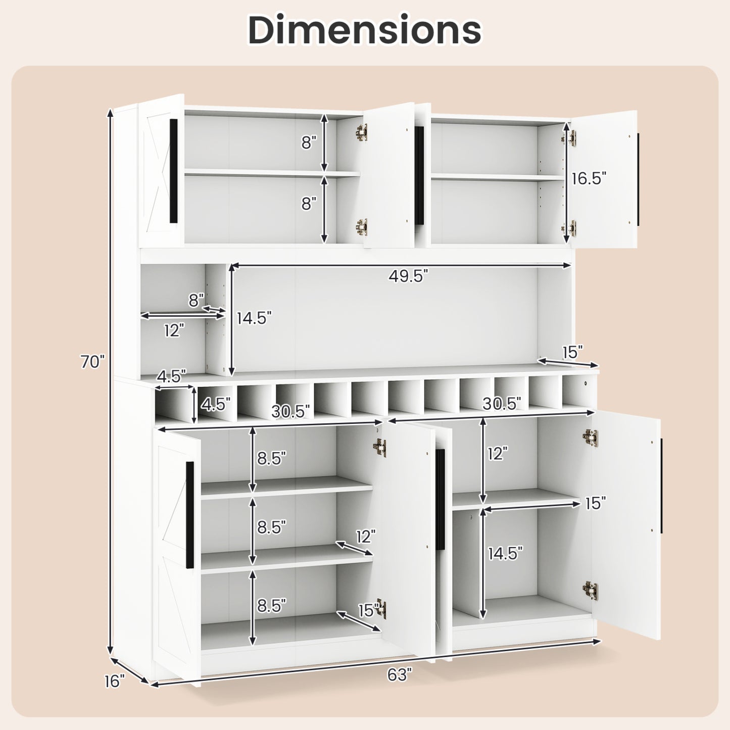 70 Inch Farmhouse Pantry Cabinet Kitchen Buffet Hutch with 4 Cabinets and 2 Open Shelves, White Sideboards Cabinets & Buffets at Gallery Canada