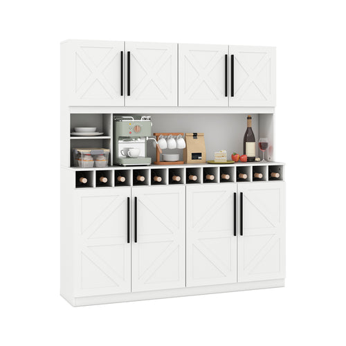 70 Inch Farmhouse Pantry Cabinet Kitchen Buffet Hutch with 4 Cabinets and 2 Open Shelves, White