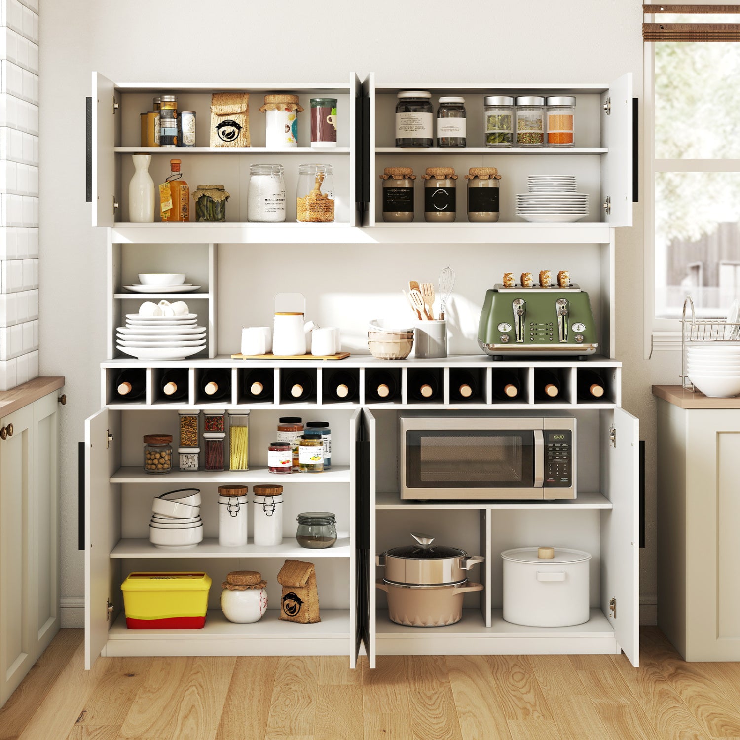 70 Inch Farmhouse Pantry Cabinet Kitchen Buffet Hutch with 4 Cabinets and 2 Open Shelves, White Sideboards Cabinets & Buffets at Gallery Canada