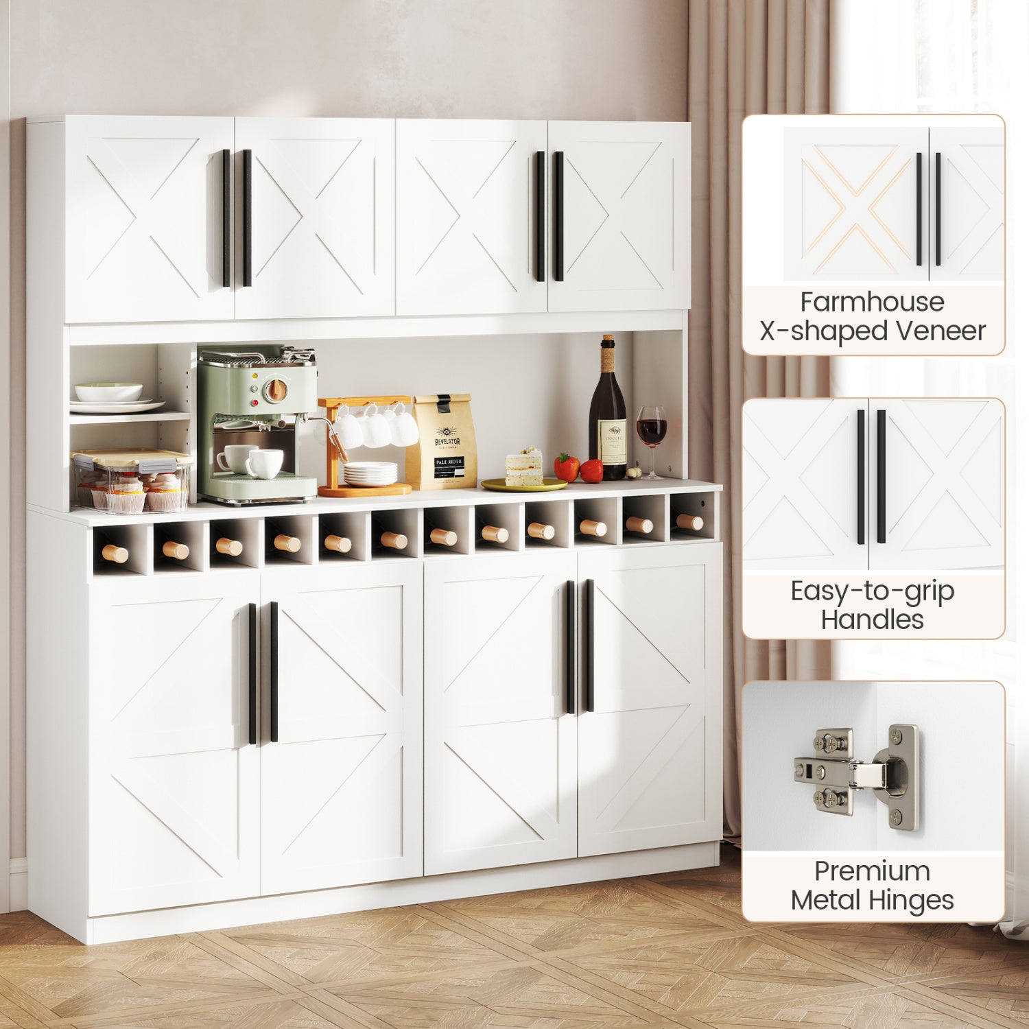 70 Inch Farmhouse Pantry Cabinet Kitchen Buffet Hutch with 4 Cabinets and 2 Open Shelves, White Sideboards Cabinets & Buffets at Gallery Canada