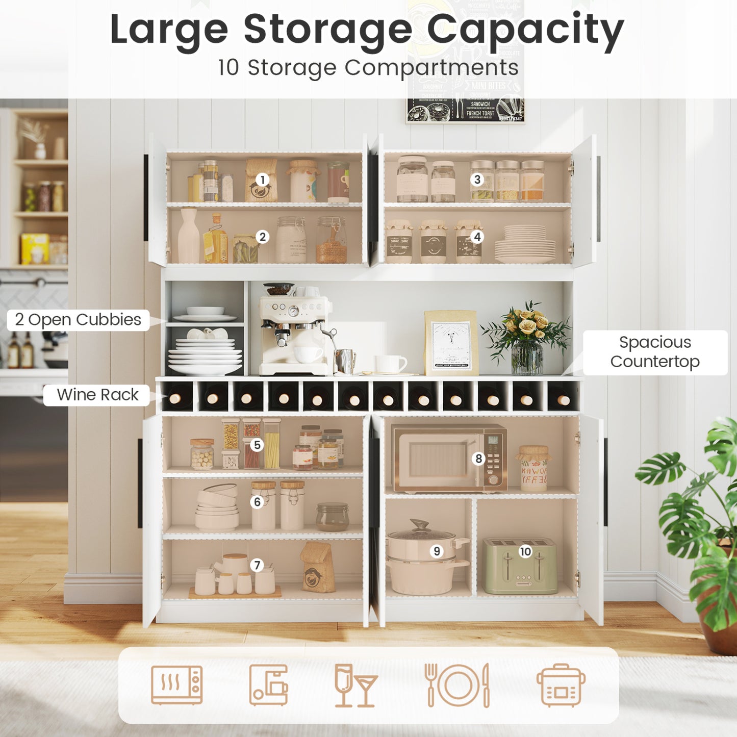 70 Inch Farmhouse Pantry Cabinet Kitchen Buffet Hutch with 4 Cabinets and 2 Open Shelves, White Sideboards Cabinets & Buffets at Gallery Canada