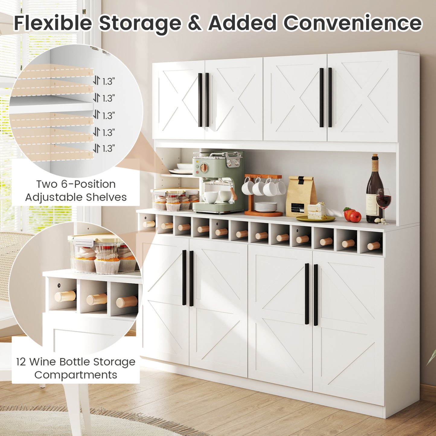 70 Inch Farmhouse Pantry Cabinet Kitchen Buffet Hutch with 4 Cabinets and 2 Open Shelves, White Sideboards Cabinets & Buffets at Gallery Canada