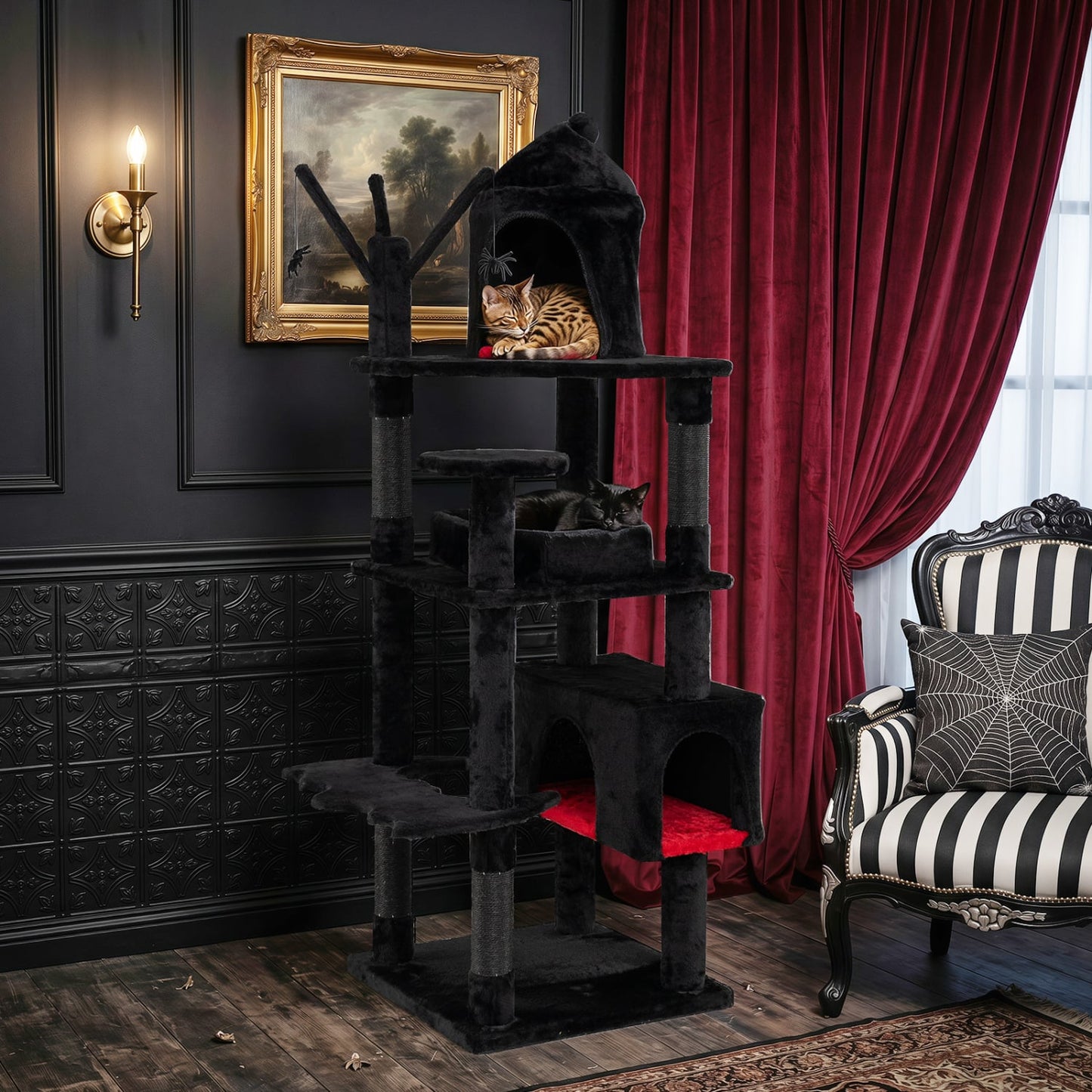 70-Inch Gothic Cat Tree For Indoor Cats With Castle And House