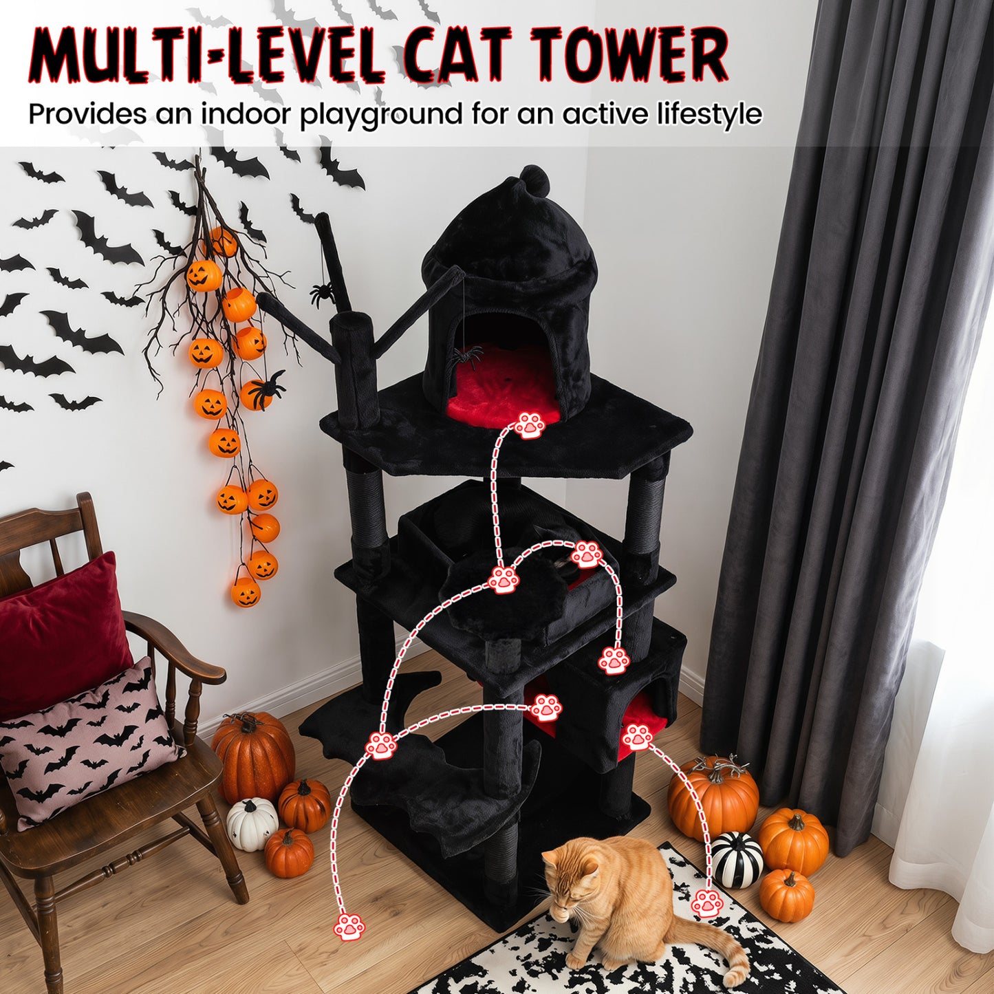 70-Inch Gothic Cat Tree For Indoor Cats With Castle And House