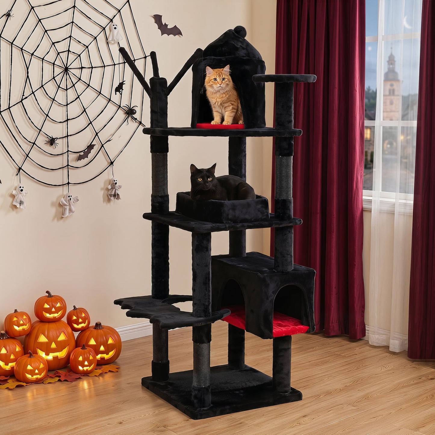 70-Inch Gothic Cat Tree For Indoor Cats With Castle And House