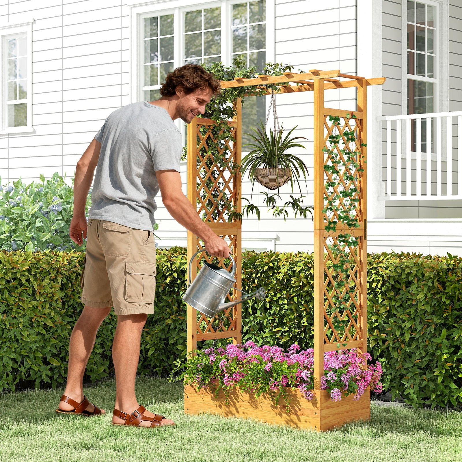70 Inch Wooden Raised Garden Bed with Lattice Trellis, Natural Raised Garden Beds at Gallery Canada