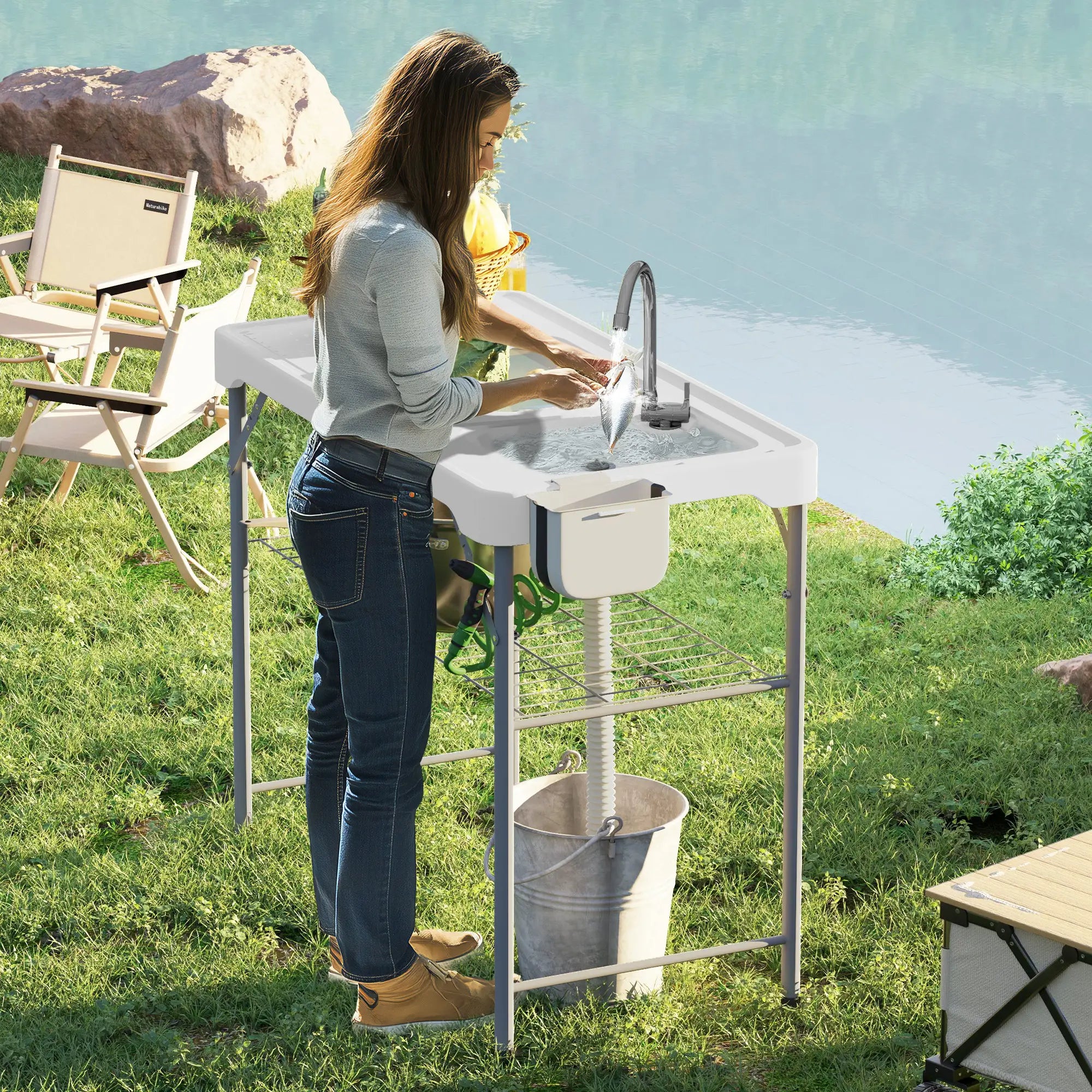 Folding Fish Cleaning Table with Sinks, Outdoor Sink Station, White Picnic Tables & Camping Chairs at Gallery Canada