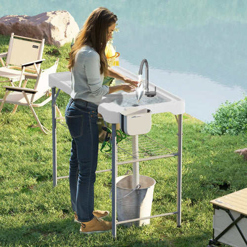 Folding Fish Cleaning Table with Sinks, Outdoor Sink Station, White