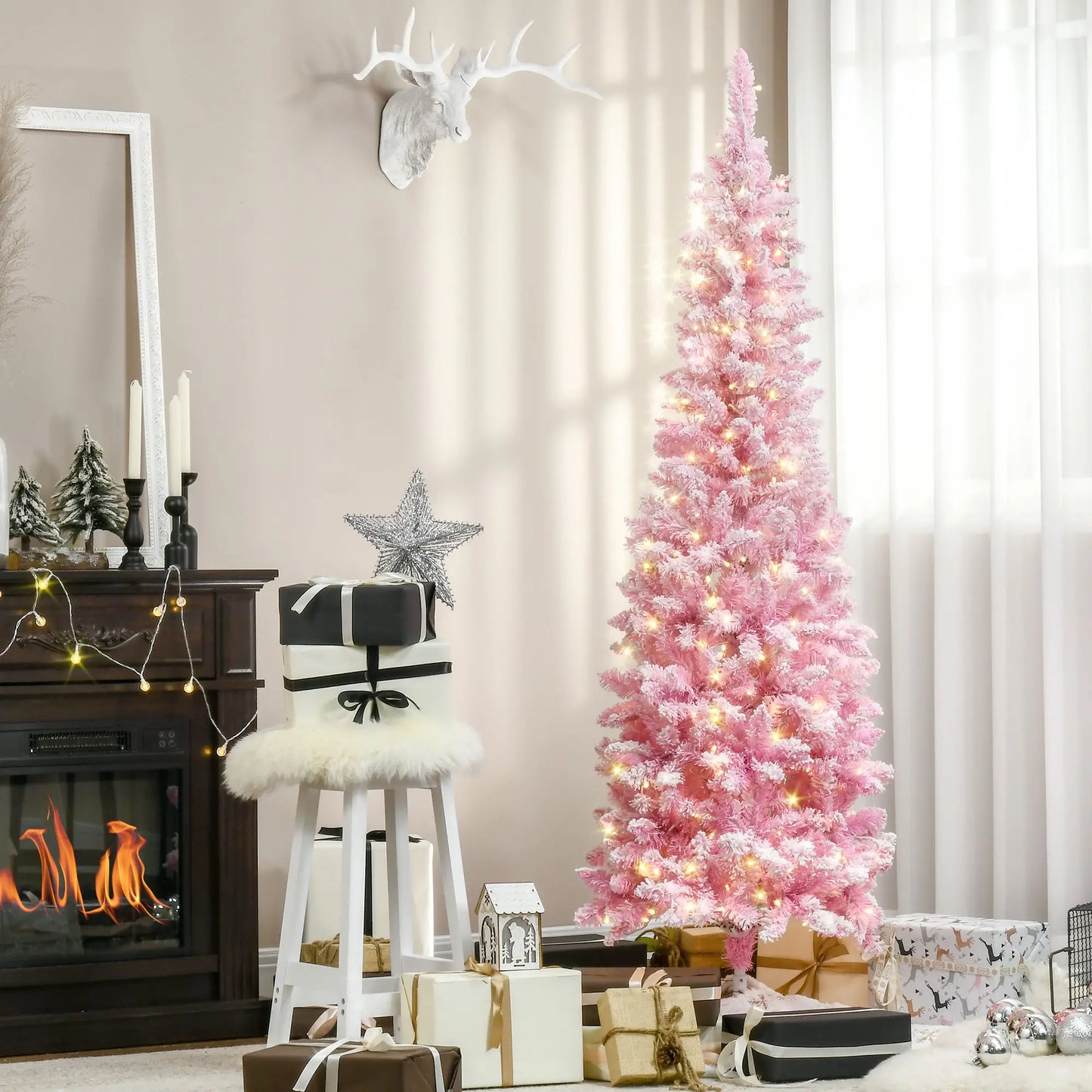 6ft Prelit Snow Flocked Artificial Christmas Tree, Pencil Shape, 500 Pine Branches, Warm White LED, Auto Open, Pink White Pre Lit Christmas Trees at Gallery Canada